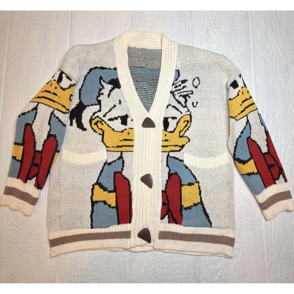 Donald Duck Graphic Knit Cardigan Sweater Oversized L/XL Retro Cartoon Disney